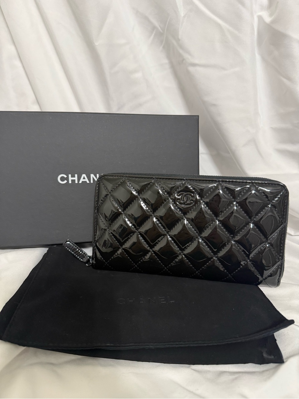 CHANEL Black Quilted Patent Leather Zip-Around Wallet